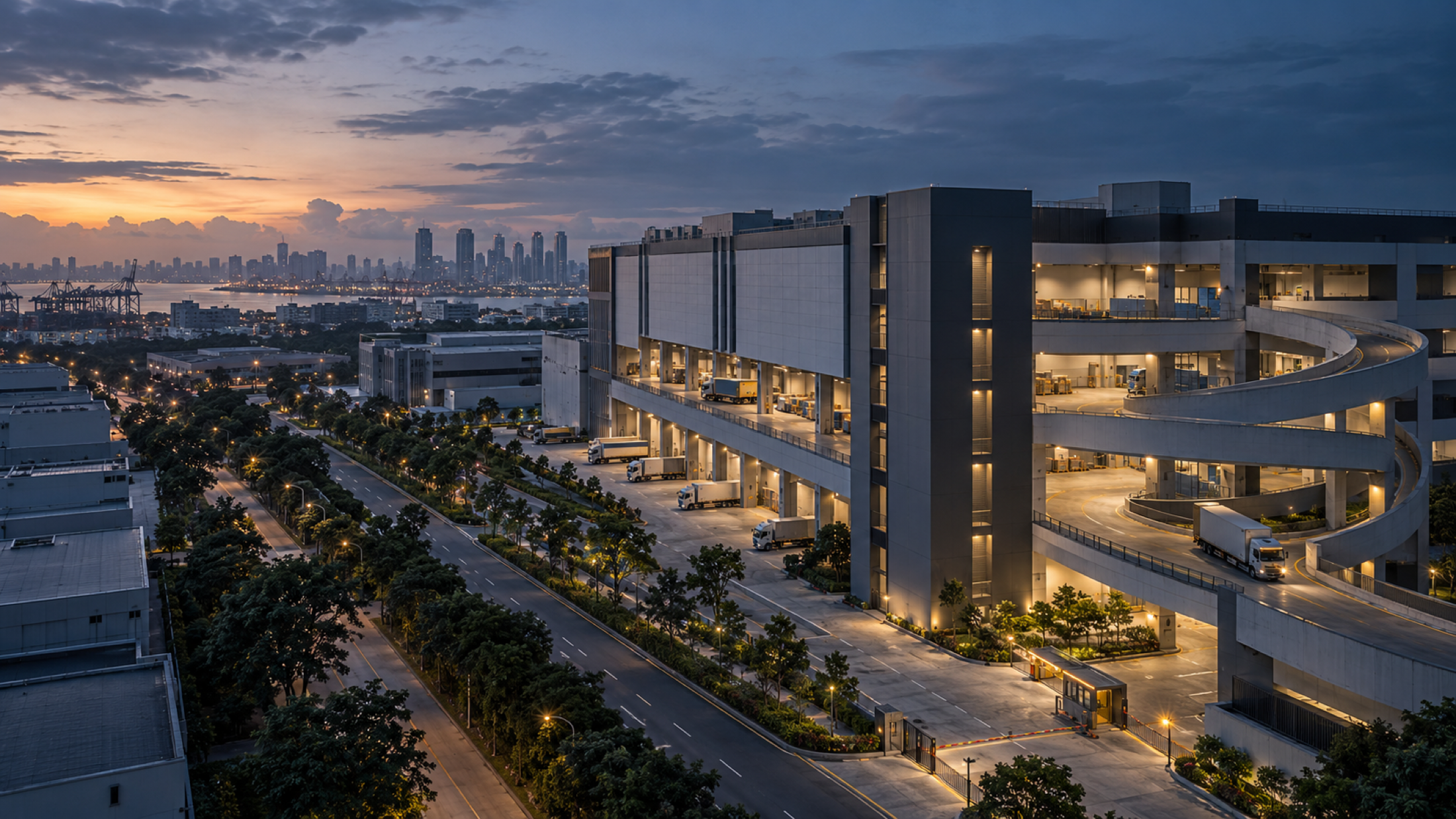A modern ramp-up industrial development at dawn